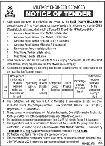 Military Engineers Serivces Islamabad Tender Notice